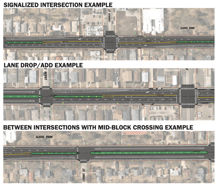 Proposed layouts on Crawford mid-block and at intersedctions.